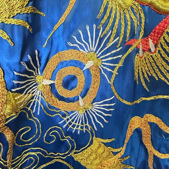 Antique 20s-30s Asian Royal Blue Silk Satin Embroidered Golden Dragon Robe - Picture 9 of 15